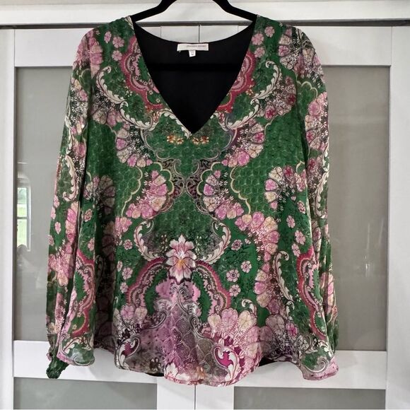 Lavender Brown Floral V-Neck Blouse - Green and Pink - Picture 1 of 6